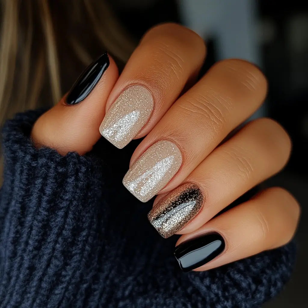 Een hand met elegante korte nagels in dipping powder met glanzend zwart, champagne glitter en metallic brons accent