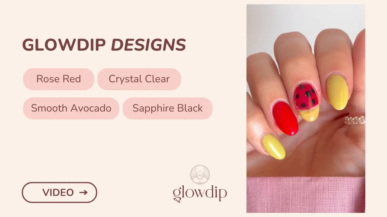 Vibrante glanzende nagelkunst met rode lieveheersbeestje en gele nagels bij krimpende kruiper collectie