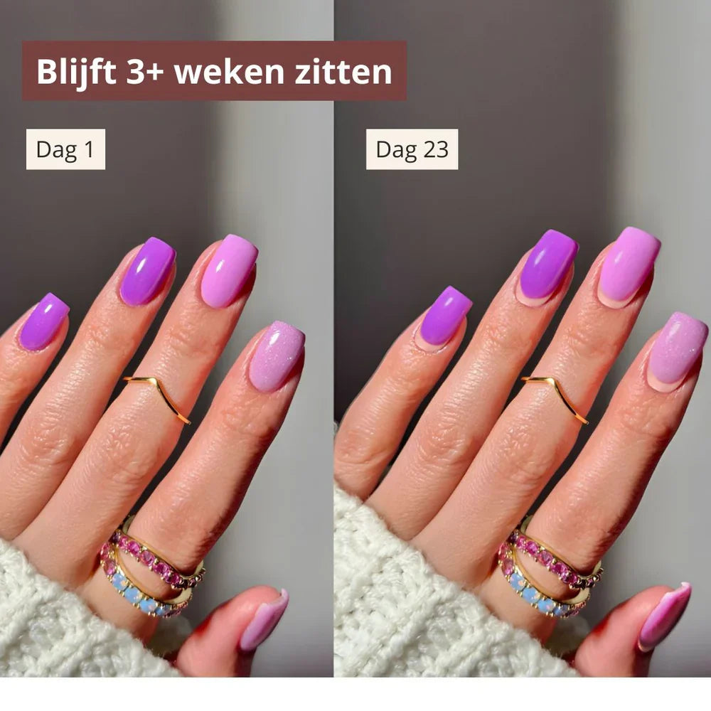 Paarse ombre dipping powder nagellak met glanzende finish op lange vierkante nagels voor accessoires gebruik