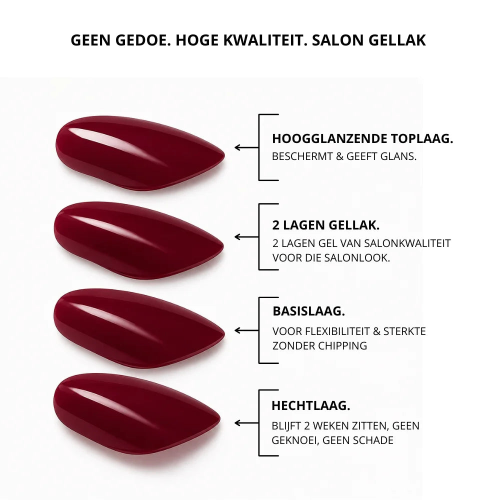 Uv-free gel wrap bundle met diepe rode glanzende salon gelnagelverlengingen in een slanke amandelvorm
