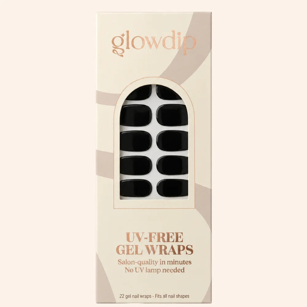 Black oval-shaped satin gel nail wraps in a beige cream glowdip box uv-free gel wrap