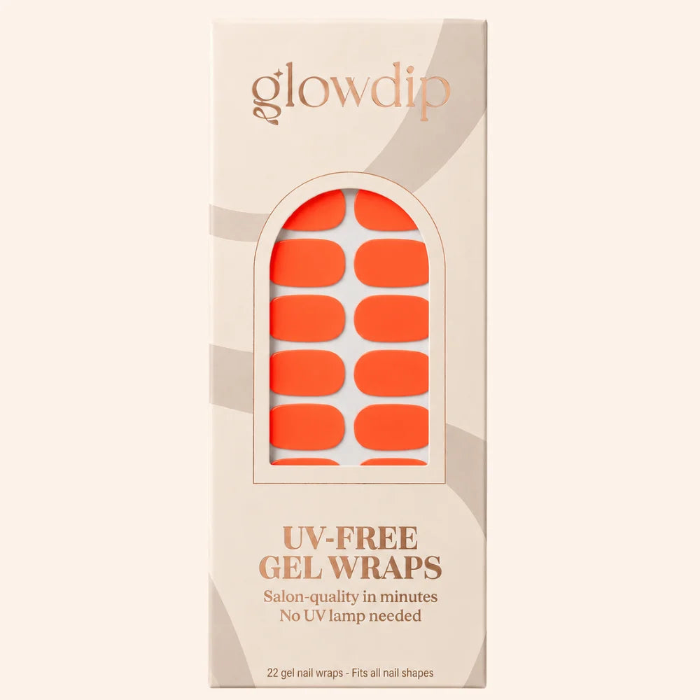 Heldere oranje uv-vrije gel nagelwraps in een strak crème doosje met glowdip merknaam coral crush uv-vrije gel wrap