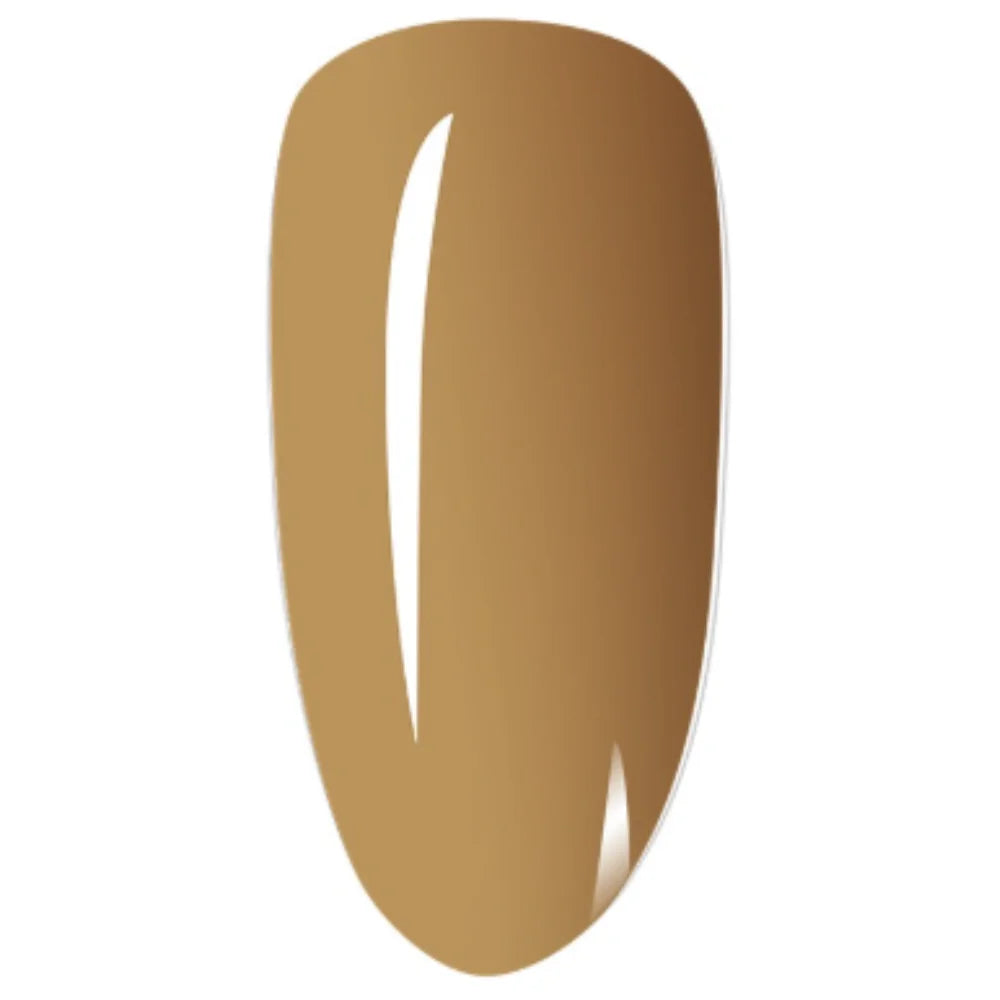 Een glanzende caramelkleurige nagellak swatch met een gladde reflecterende finish van golden drift dipping powder