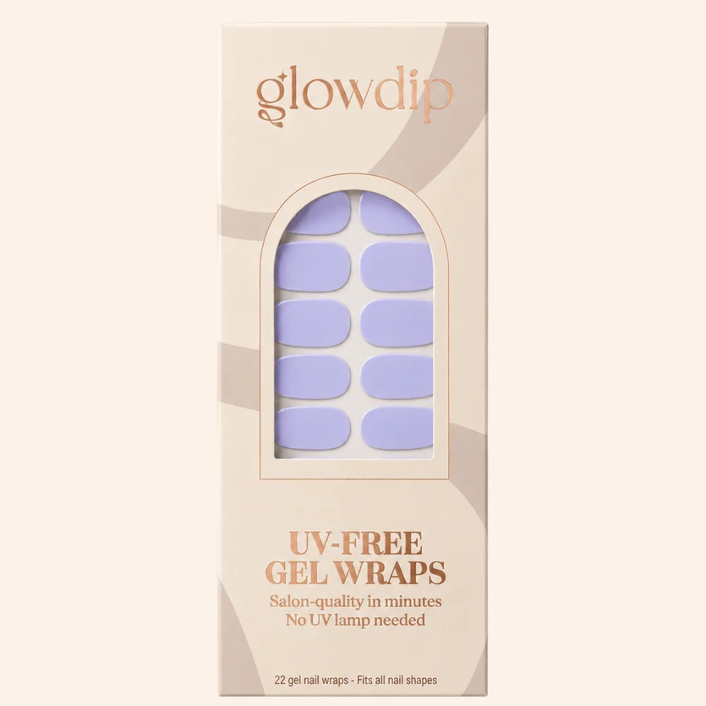 Een doos glowdip uv-vrije gel nagelwraps in zachte lavendel met salonkwaliteit voor alle nagelvormen