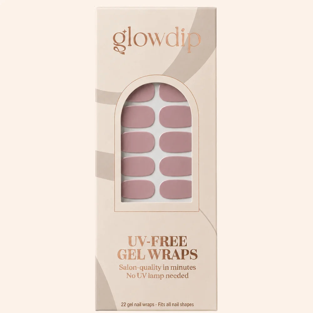 Een doos glowdip uv-vrije gel nagelwraps in zachte mauve met 22 salonkwaliteit wraps voor alle nagelvormen