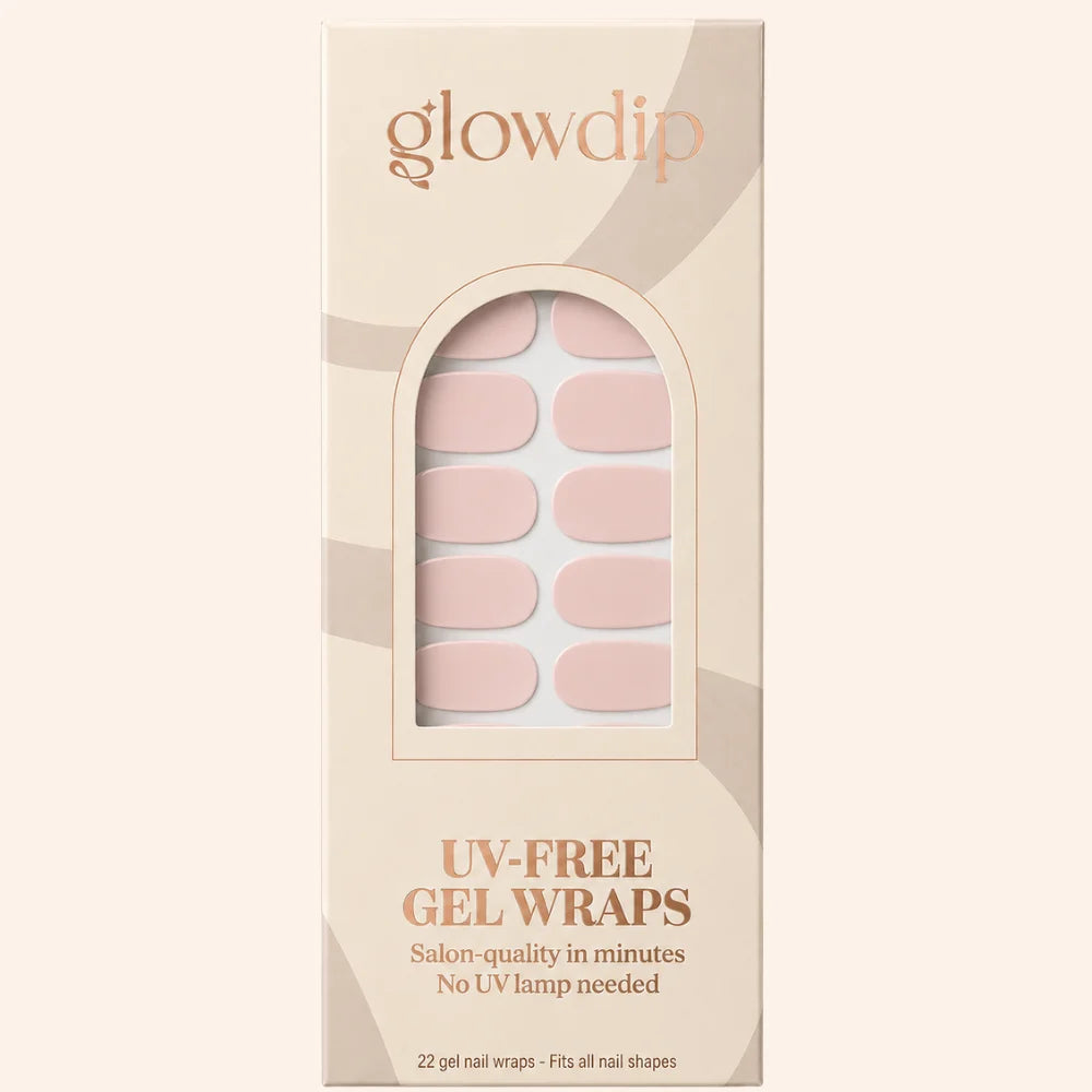 Een doos glowdip uv-vrije gel nagelwraps in zachtroze met 22 voorgevormde wraps voor alle nagelvormen