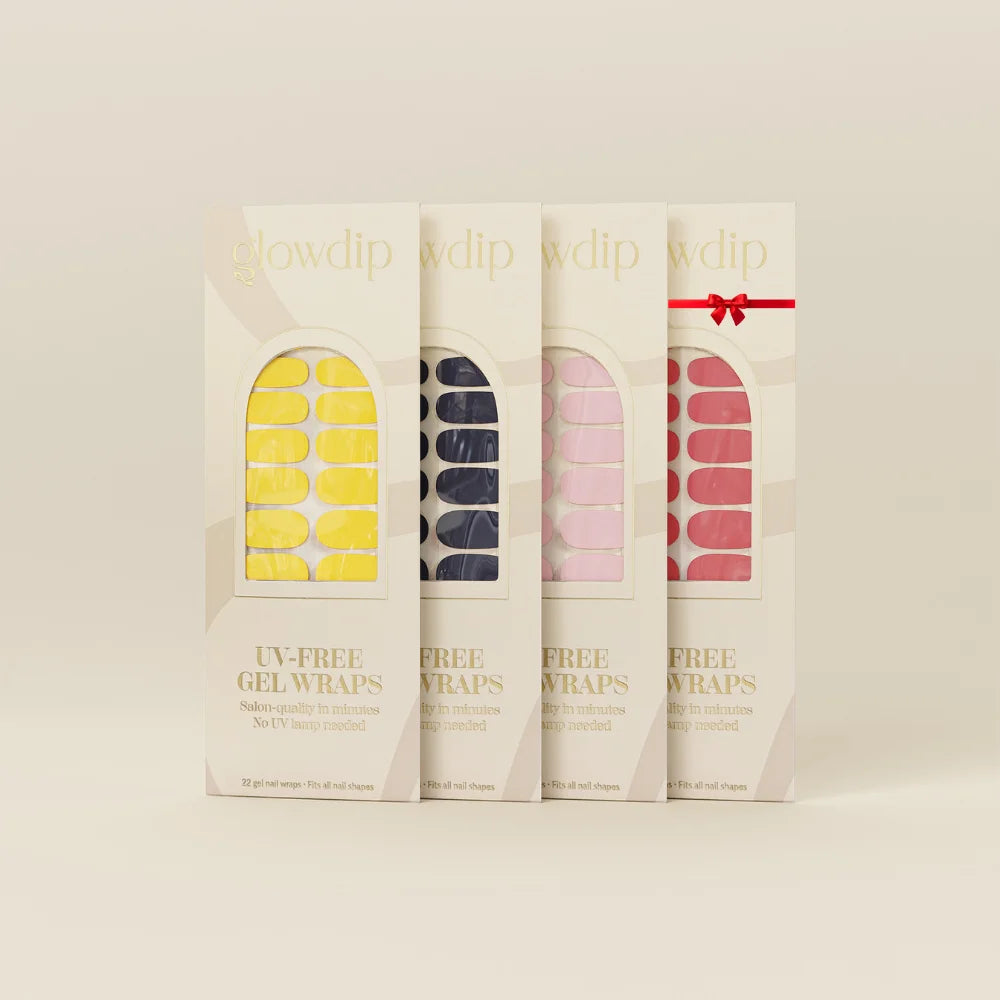 Vier dozen glow dip uv-free gel wraps in geel, marineblauw, roze en rood uit de uv-free gel wrap bundle 3 plus 1 gratis