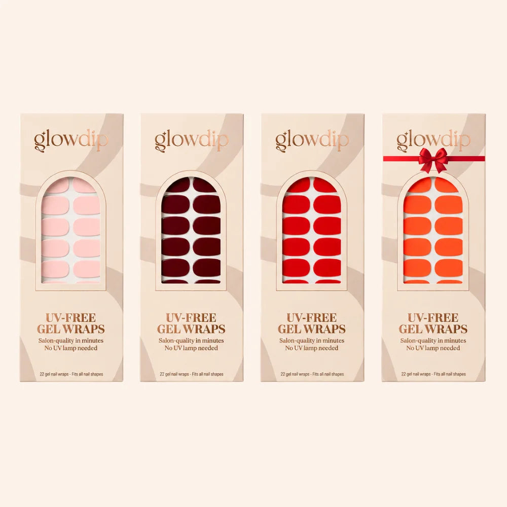 Vier boxes glowdip uv-free gel wraps in roze, bordeaux, rood en oranje in uv-free gel wrap bundle 3+1 gratis