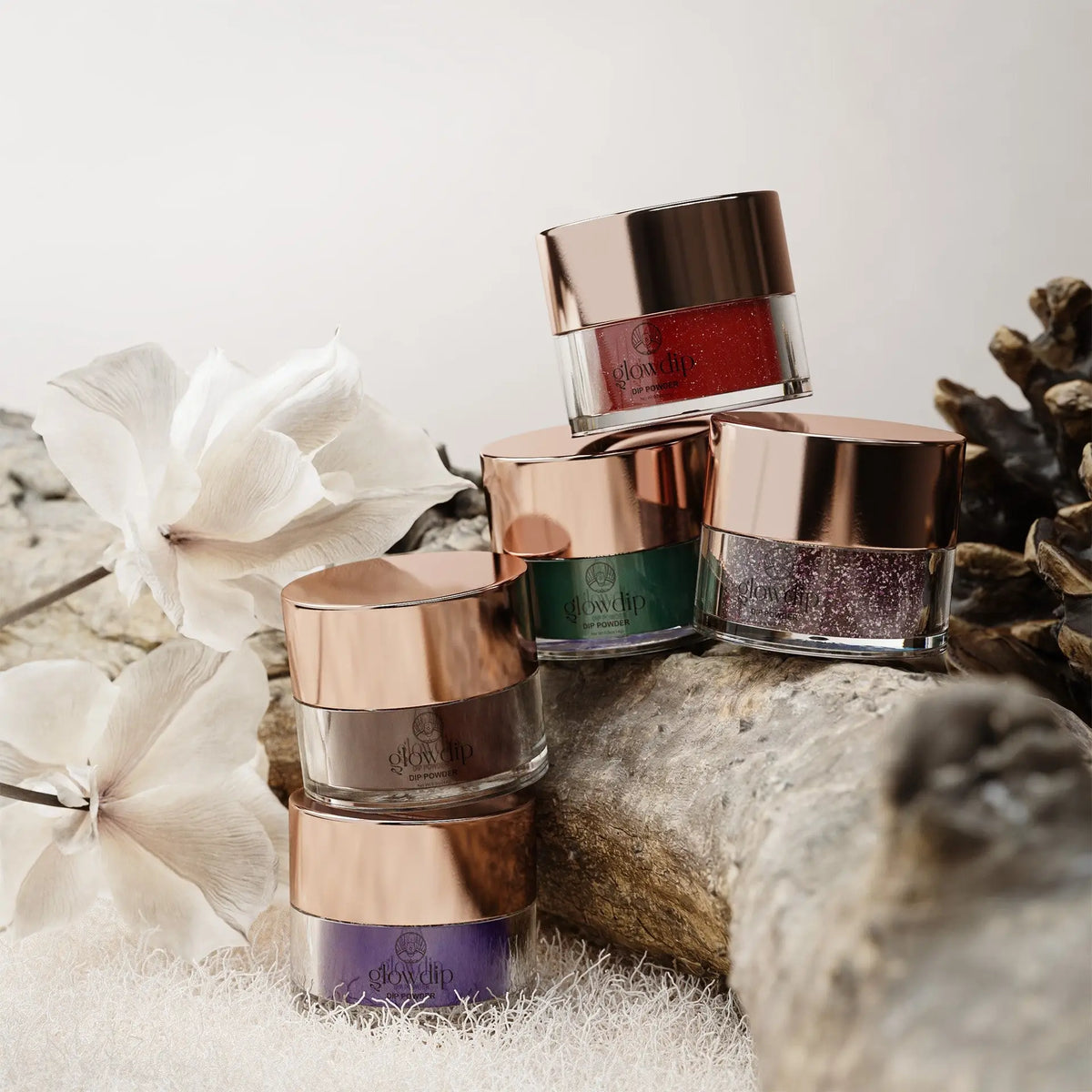 Vijf rose gouden caps jars glowclip nail polish powder in diverse glitterkleuren voor dipping powder gebruik