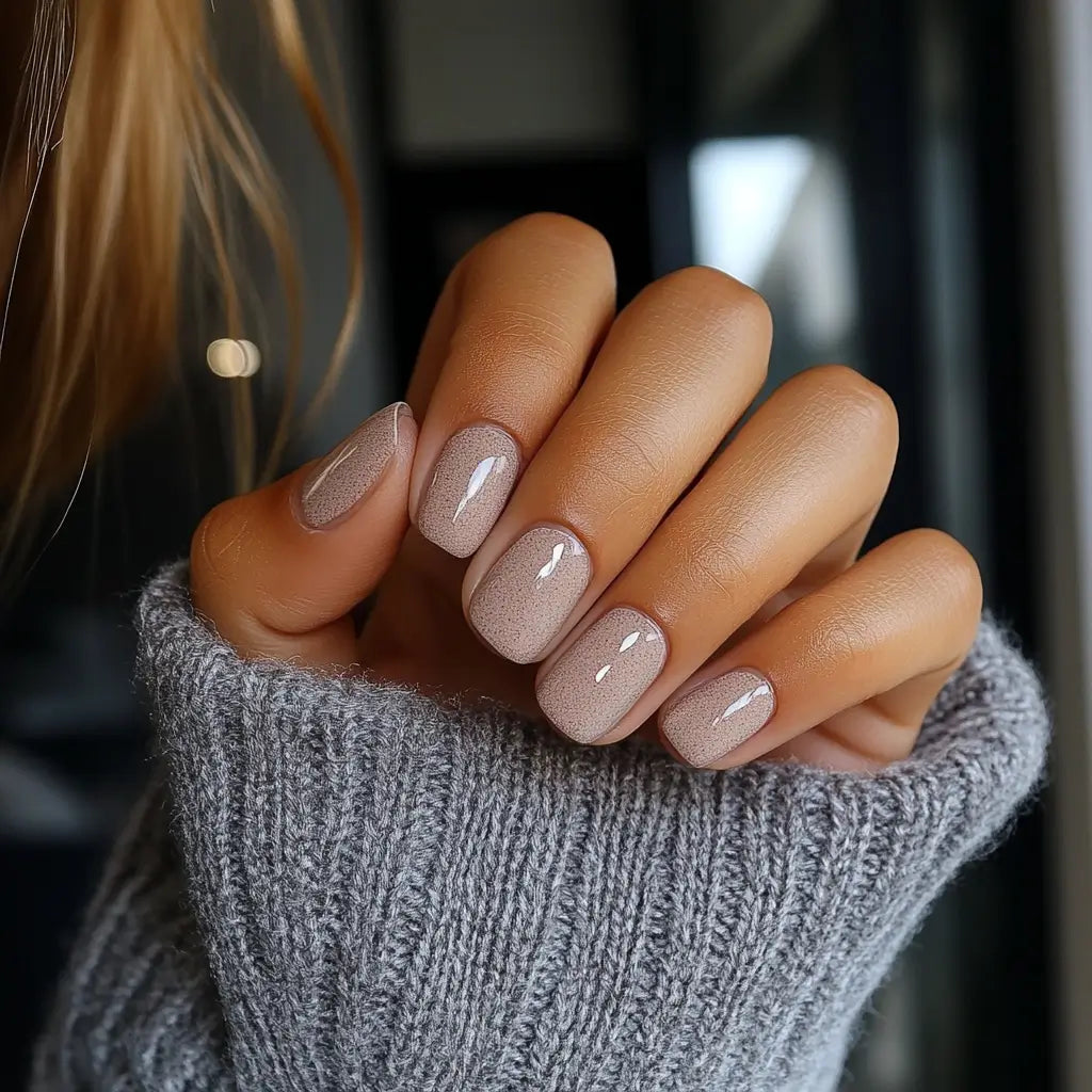 Nagels met zachte, glanzende taupe dipping powder nagellak voor een subtiele shimmer en langdurige finish