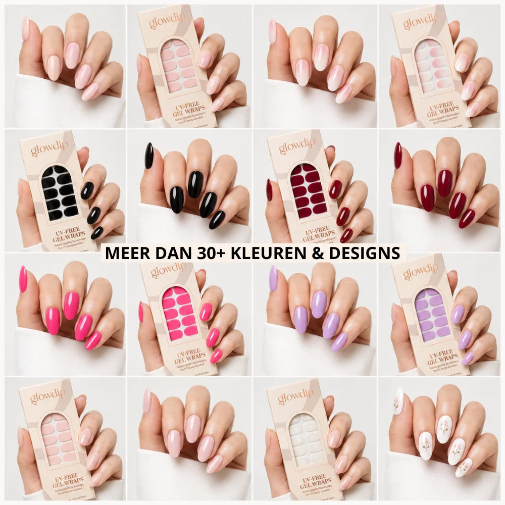 Een collectie glowclip uvvrije gel wraps in diverse kleuren en designs verpakt in beige kartonnen dozen met boogvenster