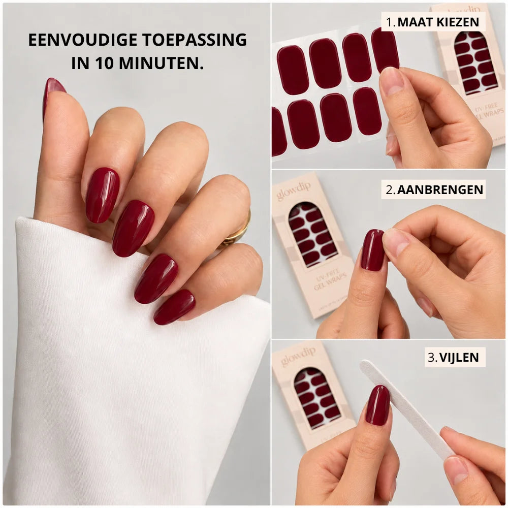 Uv-free gel wrap bundle met bordeauxkleurige gelachtige nagelstickers in een minimalistische verpakking met duidelijke instructies