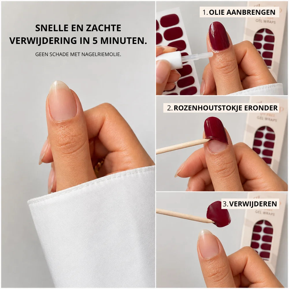 Deep burgundy uv-free gel wraps on natural nail shown in step-by-step removal process from uv-free gel wrap bundle 4 plus 2 gratis