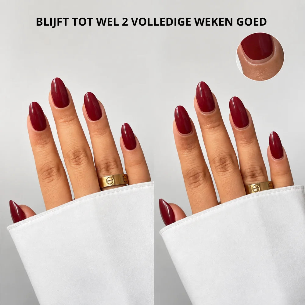 Uv-free gel wrap bundle met glanzende diepe bordeaux nagellak op lange amandelvormige nagels