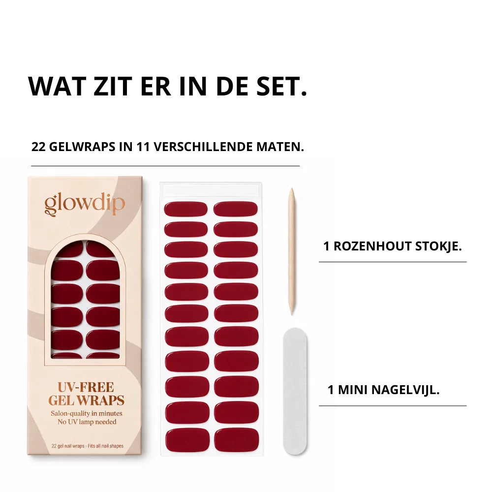 Dieprode gel wraps in een slank beige doosje zonder uv-lamp nodig voor salonkwaliteit nagels