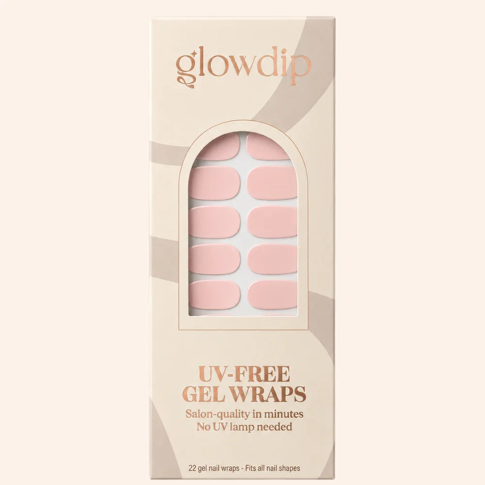 Een doos glowdip uv-vrije gel nagelwraps in zachtroze baby bloom met 22 salonkwaliteit wraps voor alle nagelvormen