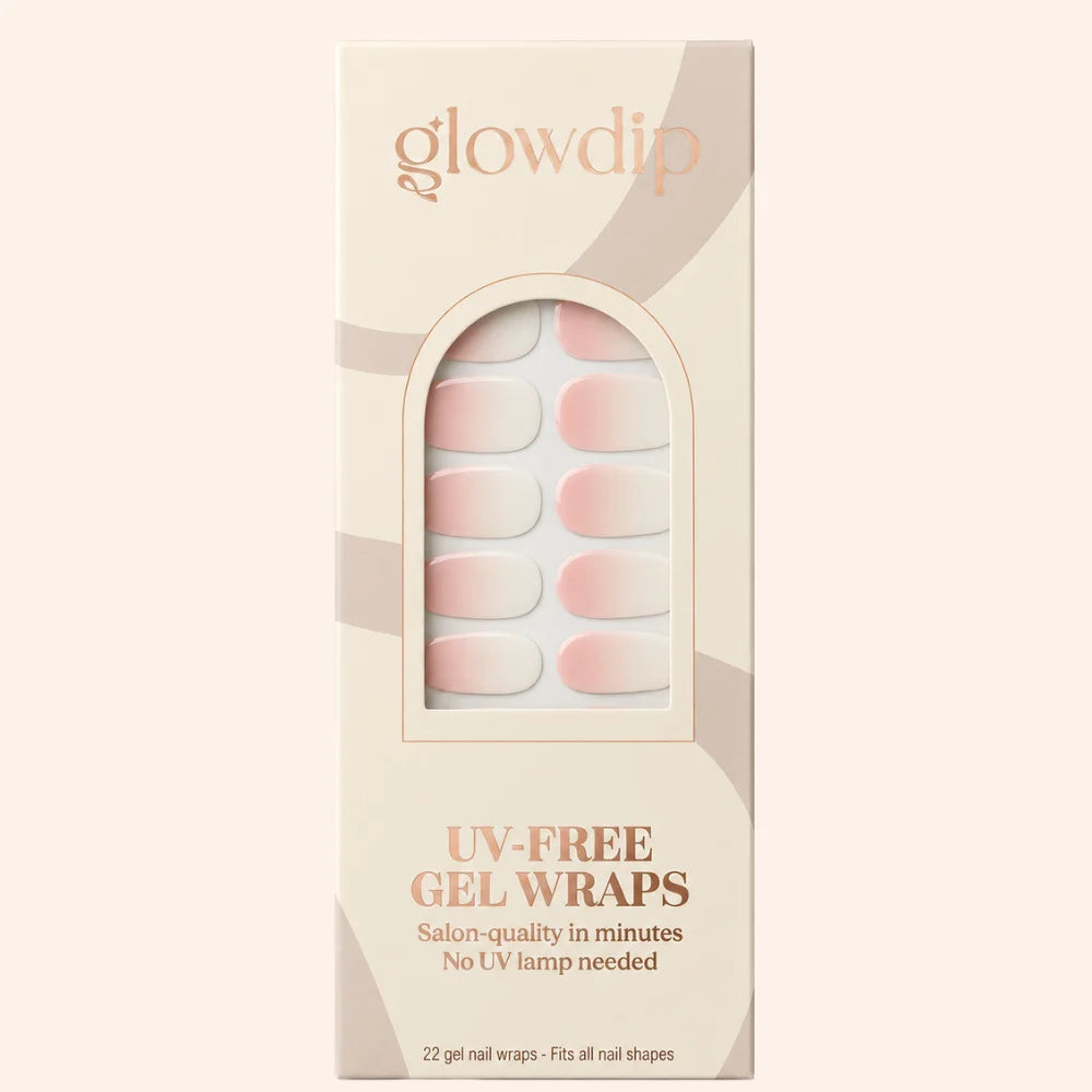 Een doos glowdip uv-vrije gel nagelwraps met zachte roze-witte verloopkleur baby boomer glow gel wrap