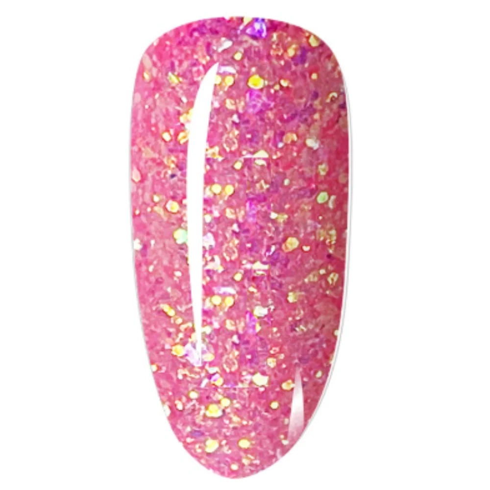Vibrante roze glitter dipping powder met glinsterende gouden en paarse vlokken birthday bling dipping powder