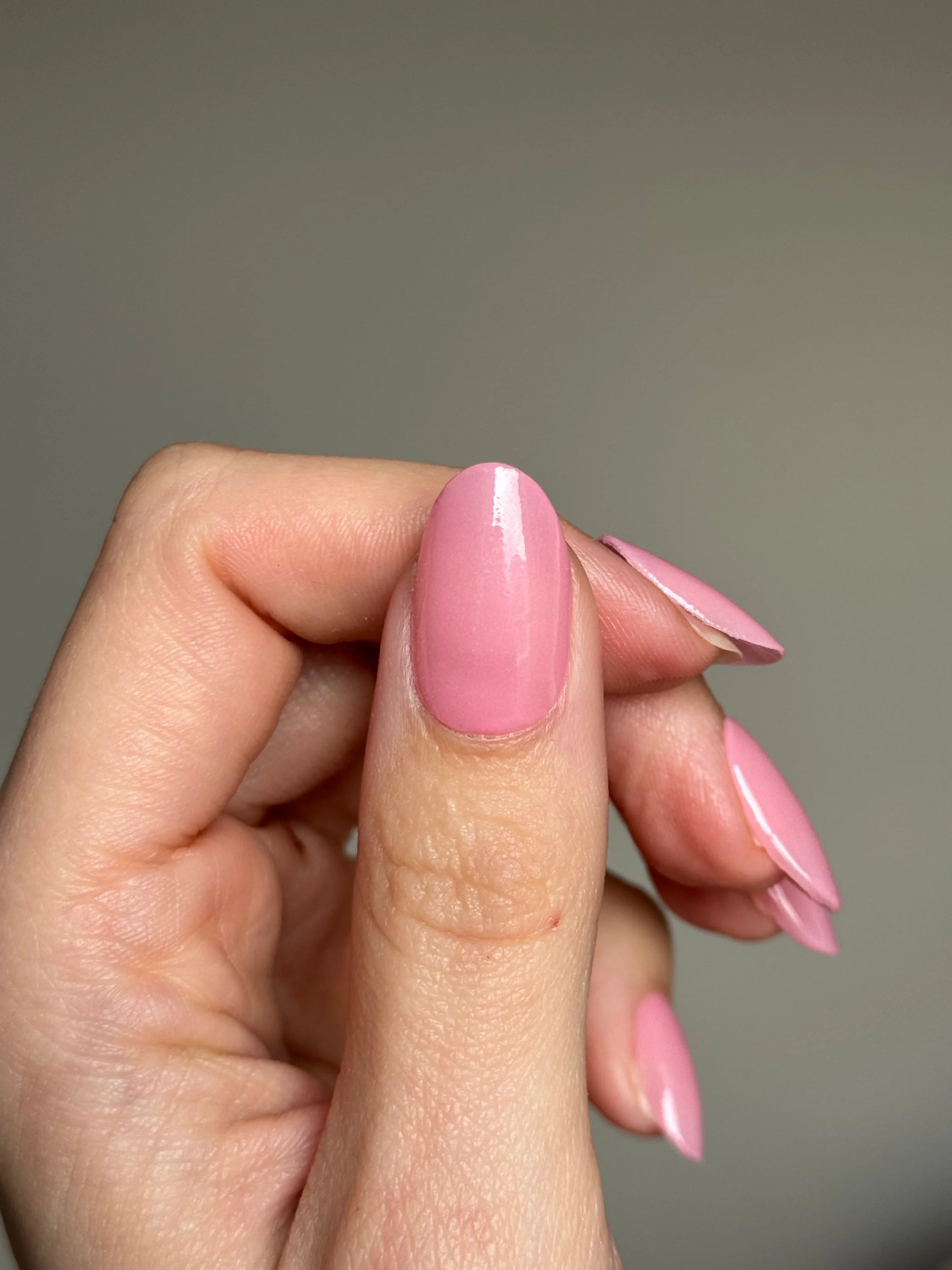 Glanzende roze blush petal dipping powder op netjes gemanicuurde vingers voor duurzame nagelstyling