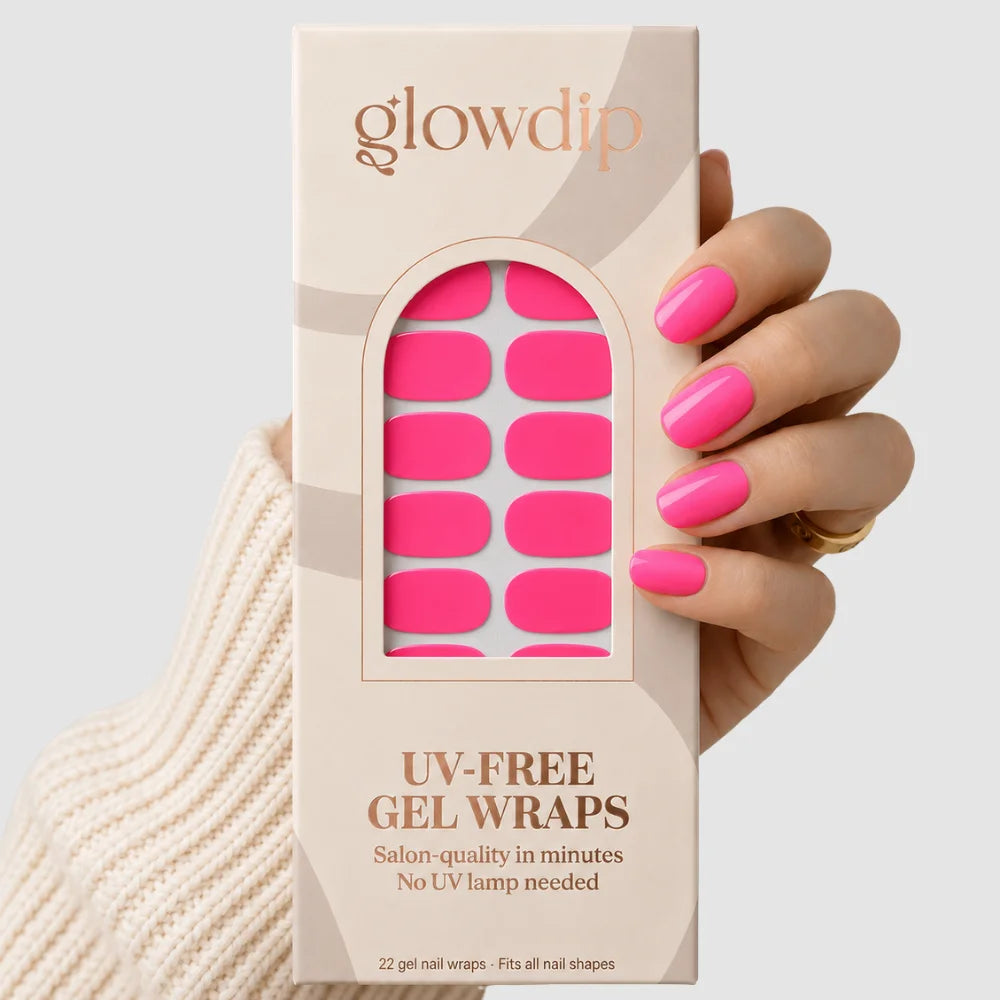 Bright pink uv-free gel nail wraps in beige glowdip packaging for easy application and long-lasting wear