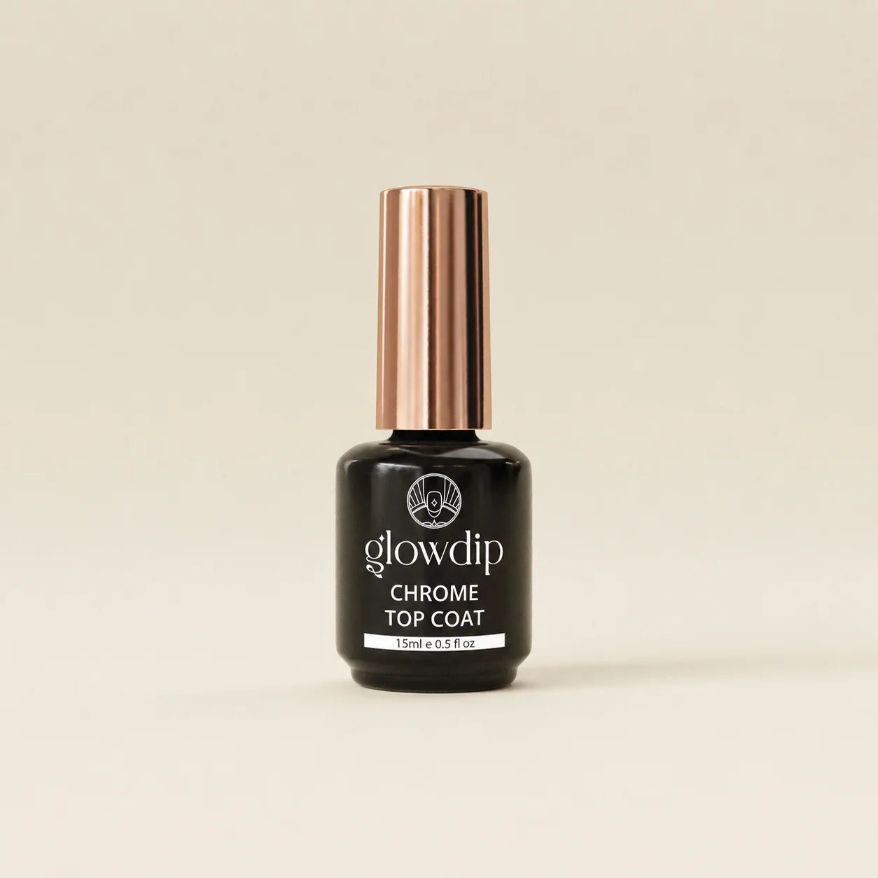 Zwart glazen fles glowdip chrome top coat met roségouden dop voor glanzende nagelafwerking