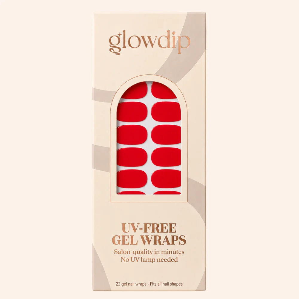 Een doos glowdip uv-vrije gel nagelwraps in klassiek rood met een beige verpakking en een boogvormig venster