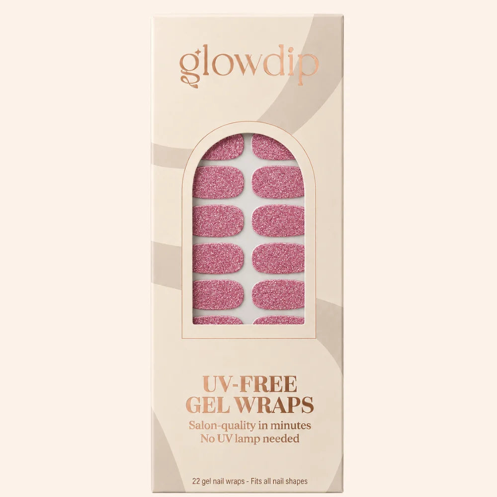 Pink glitterige gel nagelstickers in een beige doos van glowdip met uv-vrije gel wrap pink glitter pop