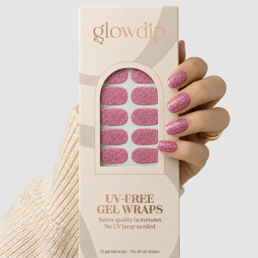Roze glitterige uv-vrije gelwraps in beige glowdip doos voor een opvallende nagelstyling