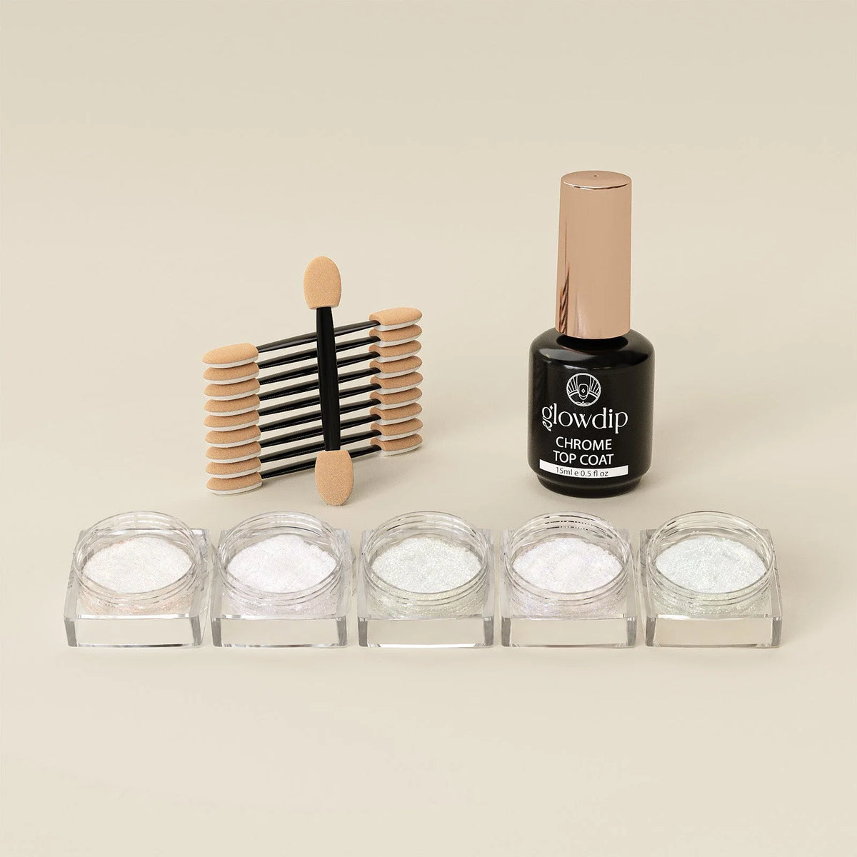 Zwarte fles met roségouden dop en wit etiket glowdip chrome top coat uit chrome powder bundle met 5 kleuren