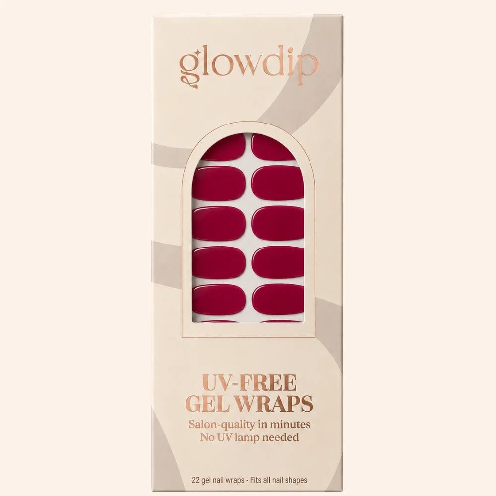 Een doos glowdip uv-vrije gelnagelwraps in diepe rode kleur met 22 salonkwaliteit wraps voor elke nagelvorm