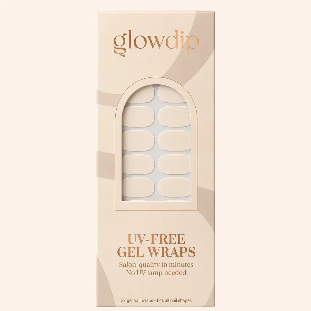 Beige glowdip uv-free gel wraps in a sleek arched window package for soft almond uv-free gel wrap nails