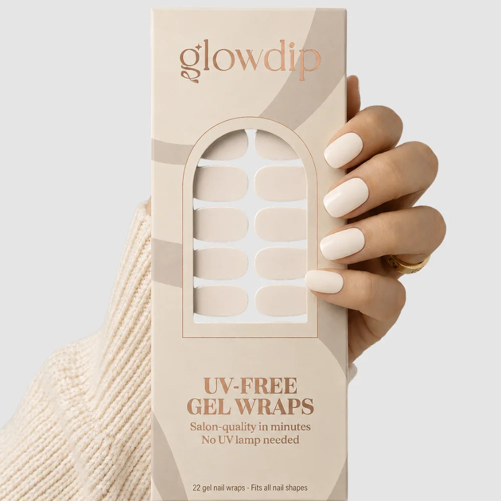 Beige glowdip uv-free gel nail wraps in minimalist box with arched window showing 22 pre-cut soft almond wraps