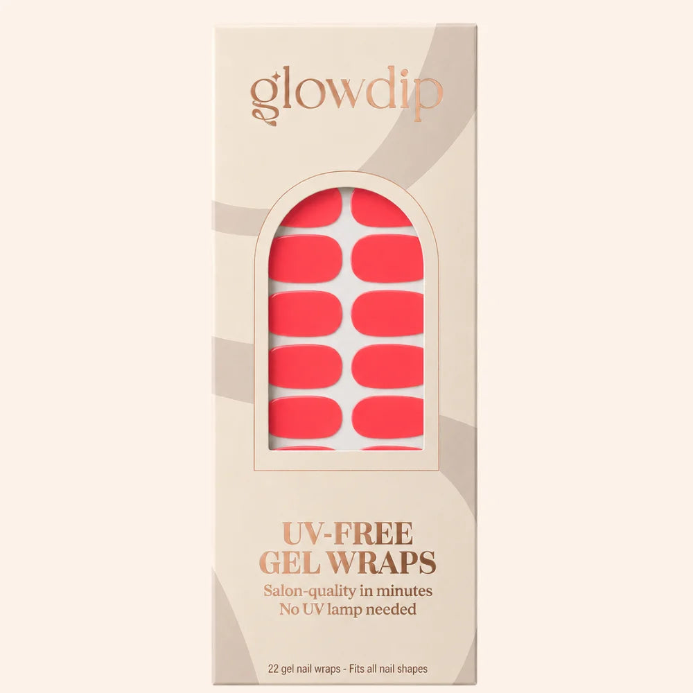 Een doos glowdip uv-free gel nagelwraps in levendige koraalkleur met 22 voorgestanste wraps geschikt voor alle nagelvormen