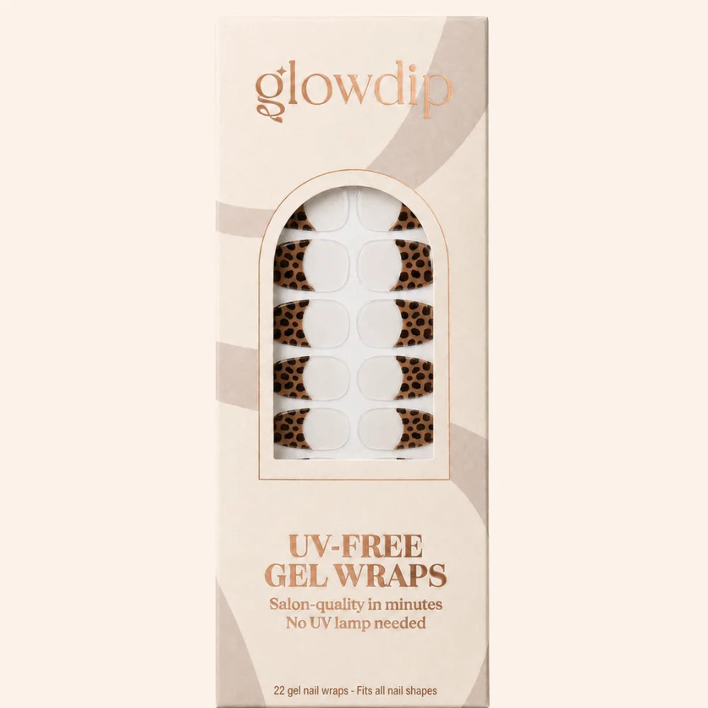 Wild leopard uv-free gel wrap met luipaardprint in elegante beige verpakking met roségoud letters van glowdip